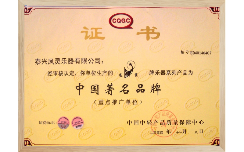 中國著名品牌證書